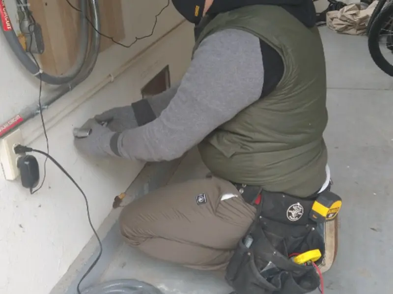 Electrician performing outlet wiring in a Winterset garage